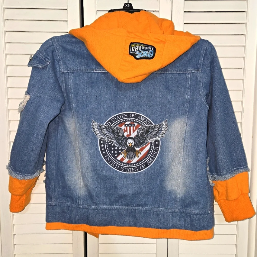 Boy's 6 - 7 Hooded Distressed Denim Jacket